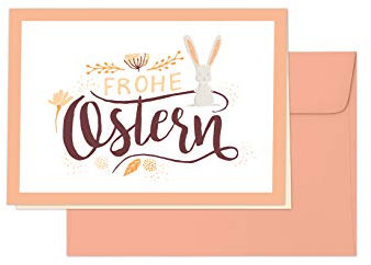 Osterkarte, Grußkarte „Frohe Ostern“ – Klappkarte im Pastell-Stil mit apricotfarbenem Umschlag, Design: Osterhäschen