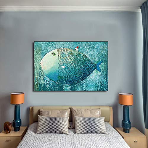 Jianghu Art Bild auf Leinwand Kleines Haus auf dem großen Fisch Malerei Poster und Druck Wandkunst Home Dekorative Drucke für Wohnzimmer 70x115cm (28x45in) mit Rahmen