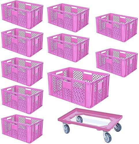 BRB 10 Eurobehälter, LxBxH 600x400x320 mm, lebensmittelecht + 1 Transportroller, pink