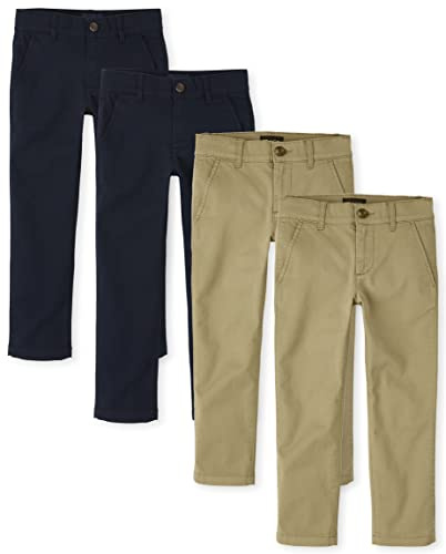The Children's Place Boys Stretch Skinny Chino Pants, Flax/New Navy 4-Pack, 8 Slim