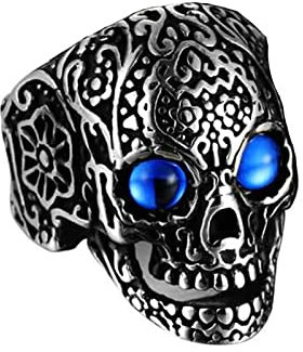 Ayoiow Siegelring Edelstahl, Freundschaftsringe Männer Filigraner Totenkopfring mit Blau Zirkonia Stein Ring Größe 60 (19.1)