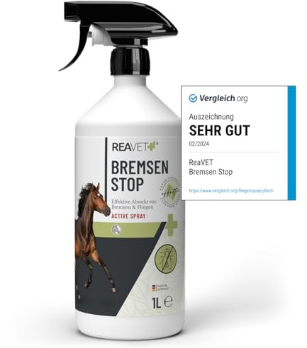 TESTURTEIL SEHR GUT ReaVET Bremsen Stop **TESTSIEGER** Fliegenspray Pferde 1L mit pflegender AloeVera, Insektenspray mit Sofortschutz & Pferdepflege, Bremsenspray Bremsenblocker gegen Fliegen