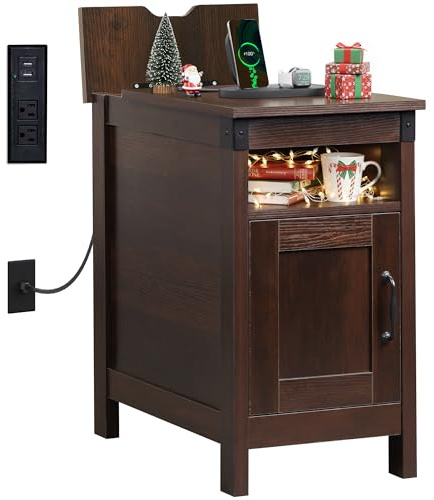 WLIVE End Table with Charging Station, Narrow Side Table for Living Room, Farmhouse Night Stand with Storage, Small Wooden Nightstand with USB Ports and Outlets for Living Room and Bedroom, Brown