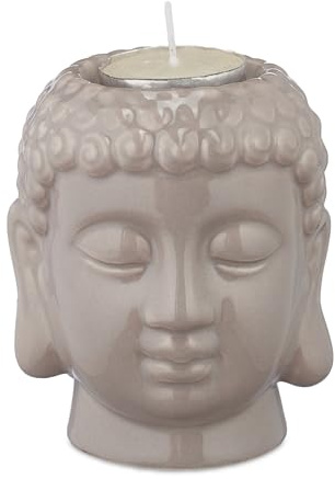 Relaxdays Buddha Teelichthalter, Keramik, Buddha-Kopf für Teelicht, Zen-Deko für Wohnzimmer & Bad, Feng Shui Deko, grau, 1 Stück | Zen-Deko für Wohnzimmer & Bad, Feng Shui Deko