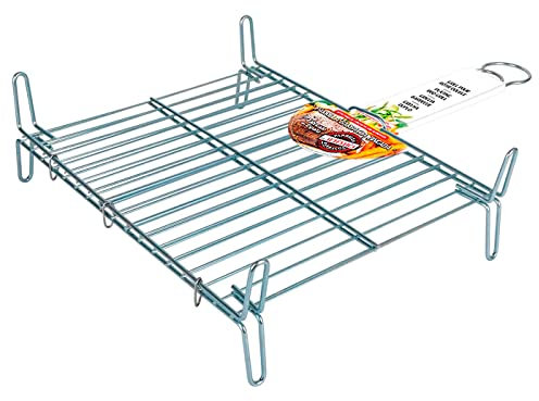 Tradineur - Parrilla doble, rejilla de acero zincado para barbacoa, grill portátil con patas, asado de pescado, carne, ideal para jardín, camping, fabricada en España, 40 x 45 cm
