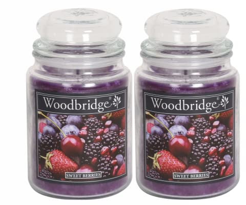 Woodbridge Duftkerze im Glas mit Deckel | 2er Set Sweet Berries | Duftkerze Fruchtig | Kerzen Lange Brenndauer (130h) | Duftkerze groß | Lila Kerzen (565g)