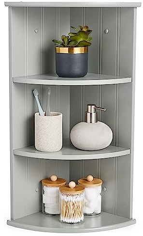 VonHaus Corner Shelf Unit - Grey 3 Tier Bathroom Shelving - Freestanding or Wall Mounted Display Shelves & Decor Stand - Tongue & Groove Modern Storage for Bathroom, Living Room, Kitchen, Hallway