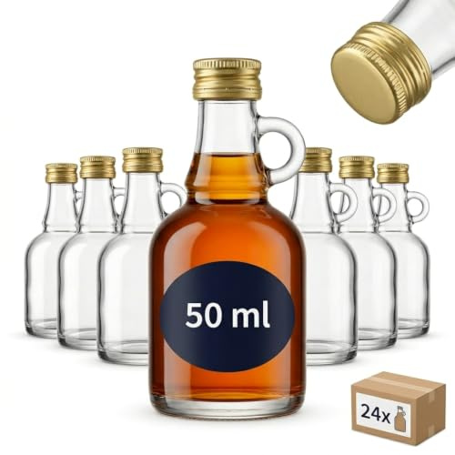 gouveo 24 unidades mini botellas de vidrio 50 ml (0,05 l) Botella con asa Cierre de rosca PP 18 con tapa dorada para rellenar y dosificar (HF050SG)
