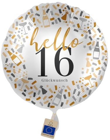 Folienballon 16 Geburtstag Hello 16 – Glückwunsch Ballon zum 16. Geburtstag, Heliumballon & Luftballon 16 Jahre für Junge Mädchen, Geschenk & Partydeko, Made in EU