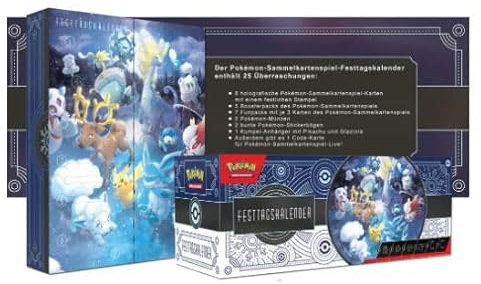 PKM Adventskalender 2023 Deutsch Sammelkartenspiel: Festtagskalender (8 holografische Promokarten, 5 Boosterpacks & mehr) + Heartforcards® Versandschutz