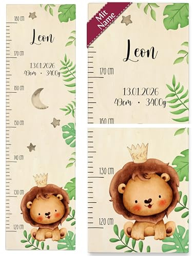Messlatte Kind Holz - Süßer Löwe mit Name und Datum Kindermesslatte Löwenmotiv niedlich I - 120-180 cm - Holz - kinder personalisierte personalisierter personalisiertes baby geschenke für