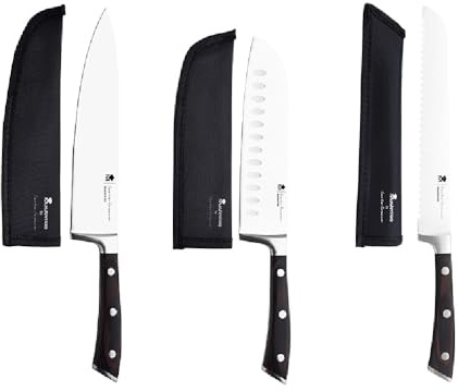 MasterPRO by Carlo Cracco - Set Coltelli da Cucina 3pz, acciaio inossidabile di altissima qualità, doppia forgiatura, impugnatura in Pakkawood, con coprilama