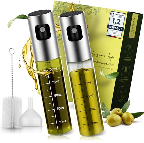 Leisure Life® | NEUEINFÜHRUNG | 2er Set Ölsprüher |〖Verstärkter〗Edelstahlmantel | UV-Schutzglas | BPA-frei | 100 ml Ölzerstäuber für Olivenöl & gesundes Kochen
