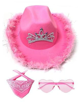 Yabauuop Rosa Cowgirl-Hut – Western-Kostüm, Cowboy-Hut-Set, Leuchtende Farben, Filz-Cowgirl-Hut Mit Feder-Bandana, Herz-Sonnenbrille Und Quadratischem Schal, Junggesellenabschied, Geburtstagsparty