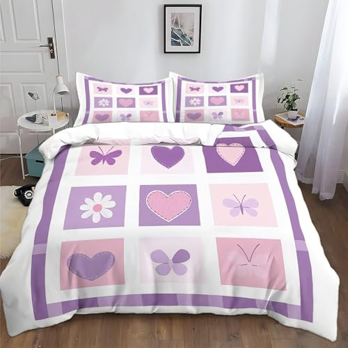 Generico Set Copripiumino per Bambini 260x240 cm Fiori Viola Cuori Farfalle Copripiumino Cotone Poliestere Chiusura con Cerniera, Set Biancheria da Letto Stampa, per Bambini Adulti
