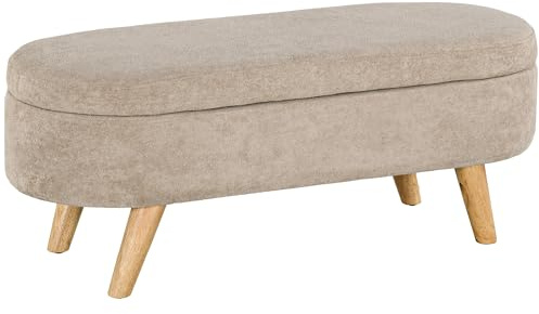 HOMCOM Banco Pie de Cama, Puff Almacenaje Tapizado en Terciopelo de Teddy con Patas de Madera y Asiento Acolchado, Banco de Almacenaje Ovalado para Dormitorio, Entrada, Pasillo, Beige