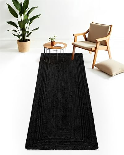 carpetfine Juteteppich Nele Läufer Brücke Anthrazit handgewebt aus Jute 80x400 cm | Moderner Naturfaserteppich im Boho Style für Küche, Flur und Brücke
