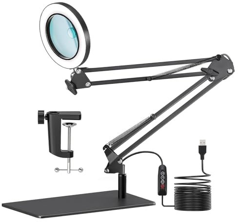 DEESOSPRO Lampada con Lente d'Ingrandimento 10X e Lente HD | 3 Temperature Colore, Braccio Orientabile 360°, Morsetto Metallico e Base | Lampada da Lettura con Lente per Leggere, Fai da Te, Manicure