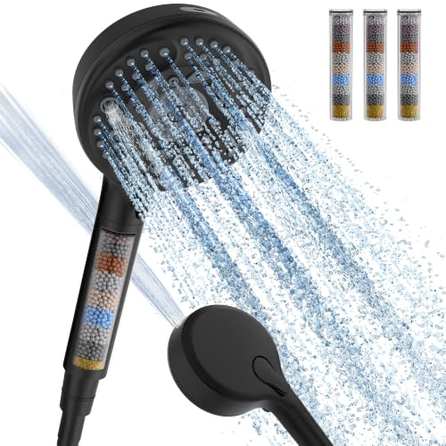Filtered Shower Head and Hose, 9-Spray Setting High Pressure Shower Head with Filters for Hard Water - Filtered Chlorine (Black,4 Filters)