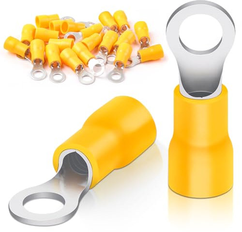 Bolatus 20 terminales de cable anular, 4,0 – 6,0 mm², diámetro de agujero M5, terminales de cable parcialmente aislados de PVC, ojales de cobre rojo estañado (amarillo)