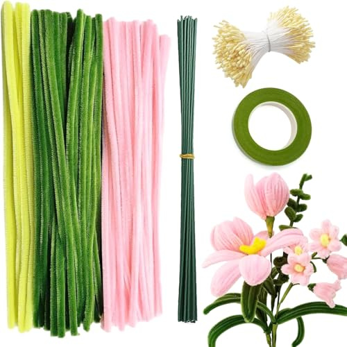 Barlone 210 Stück Pfeifenputzer zum Basteln Blumen, Pfeifenreiniger Blumen Set, Pipe Cleaner Flower Set für DIY Blumenstrauß, 3 Farben Chenilledraht mit 1 Klebeband, 15 Blumendraht, 100 Staubgefäß