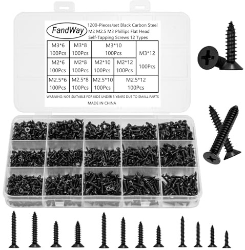 FandWay Set di viti autofilettanti M2, M2,5 M3, 1200 viti autofilettanti a testa svasata di colore nero, viti autofilettanti per costruzione in legno, a testa piatta, viti autofilettanti
