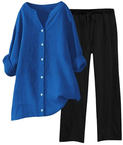 MJGkhiy Tuta Donna Completa Cotone Estiva Manica Lunga Lino Camicia con Bottoni + Pantaloni Larghi Completo Elegante Leggero Taglie Forti Tute da Ginnastica 2 Pezzi Comode Sportiva Completi Offerta