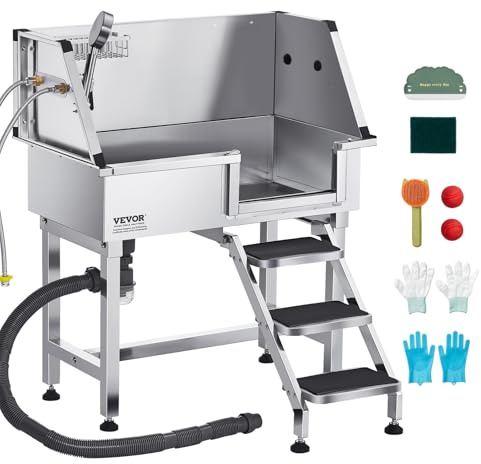 VEVOR Baignoire de Chien Acier Inoxydable, Baignoire de Toilettage pour Animaux de Compagnie 87 cm Station de Lavage Chat, avec Escalier à Droite, Robinet, Pommeau de Douche, Porte-savon, Porte Droite