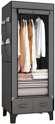 OPPAIYA Canvas Wardrobe, Temporary Wardrobes With Hanging Rails, 2 Shelves、8 Side Bags & 2 drawer, 160 * 45 * 59cm Single Fabric wardrobe for bedroom Cheap, Wardrobes with drawers - Gray