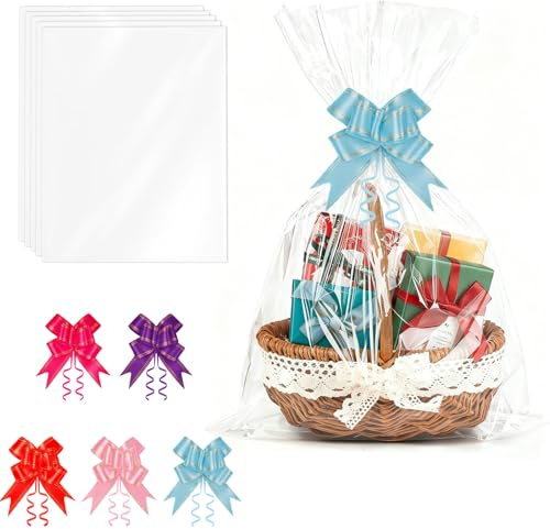 10 Stück Geschenkfolie Transparent, 60x90 cm Geschenkfolie mit 5 Schleifen, Klarsichtfolie Geschenkfolie für Präsentkörbe, Floristik, DIY-Projekte, Geschenke und Snacks