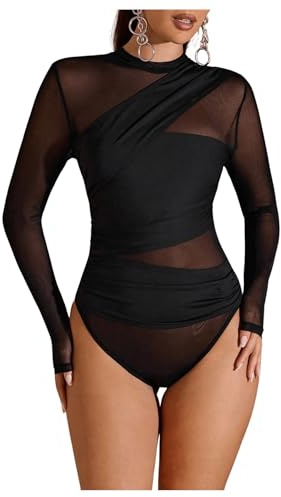 GORGLITTER Women's Mesh See Through Ruched Bodysuits Mock Neck Long Sleeve Tee Shirts Sexy Party Leotard Tops Black Small