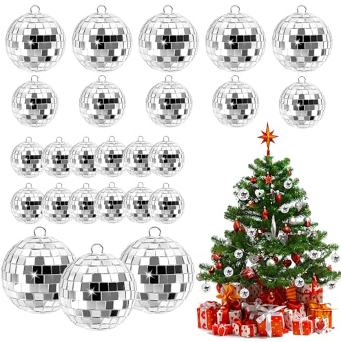 Boule à Facettes, 25pcs Boule à Facette Kit, Boules Disco Argentées à Suspendre, Boule Disco Brillant, Mini Boule Disco avec Corde, 4 Tailles de Boule Disco, Disco Ball, pour Décorations de Noël