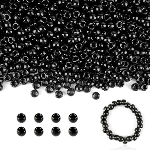Bunte Pony Perlen zum Auffädeln,1000 Stück Transparente Perlen Großes Loch,6×9mm Haarperlen Bastelperlen für Armbänder, Halsketten, Schlüsselanhänger & DIY Schmuck (Schwarz)