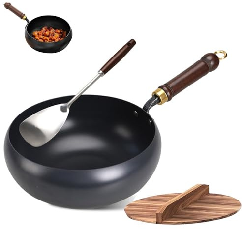 Obelagd järnpanna, Suntuup japansk järnpanna med trälock, japansk handsmidd non-stick-panna i smidesjärn för gasspis och induktionsspis, trälock – 26 cm