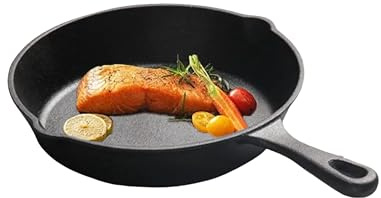 Komost 10 Inch Cast Iron Skillet Frying Pan for Induction Electric Gas, Ideal for BBQ Grill Camping, Oven Safe Griddle Skillet for Low Fat Healthy Cooking
