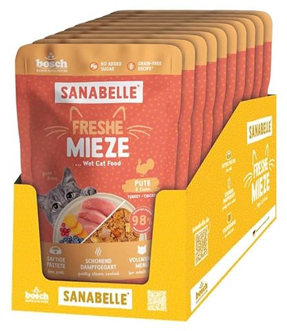 Sanabelle Freshe Mieze – kalkon och kyckling, 10 x 100 g påse helt återvinningsbar, ångkokt våtfoder för katter, kattmat som nykokt, ett varumärke av Bosch djurfoder