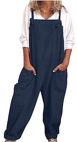 VPQILH Womens Cotton Linen Dungarees Ladies Sleeveless Jumpsuit Adjustable Straps Romper Solid Color Bib Overalls Loose Fit Bodysuit with Pockets Playsuit Summer Jumpsuits Size S-5XL Navy