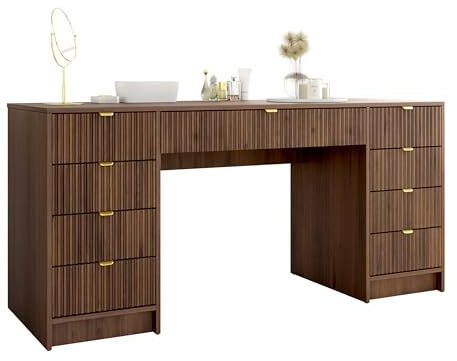 Mirjan24 Schreibtisch Tireno Bis mit 9 Schubladen (Nuss Okapi) | Schüler- oder Schminktisch mit geriffelten Fronten, goldfarbenen Griffen und viel Platz, B/H/T: 154/76/55 cm