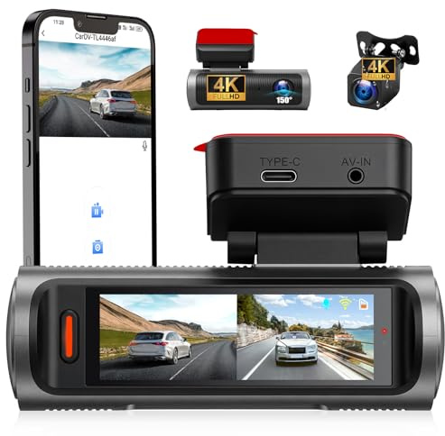 OiLiehu Cámara para Salpicadero 3,19 Pulgadas para Coches, Grabación Frontal e Trasero UHD 4K+4K, Lente Dual con G-Sensor/Control App/Grabación en Bucle/Visión Nocturna/Asistencia de Marcha Atrás