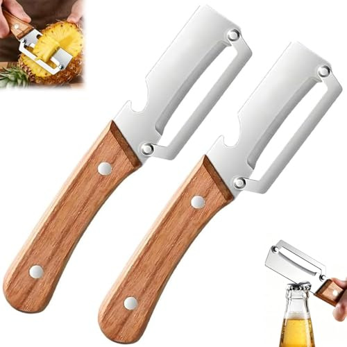 2 Pezzi Pelapatate Multifunzionale 2 in 1 per Cucina, Coltello Pelapatate Multifunzione in Acciaio Inox con Manico in Legno e Apribottiglie Integrato, Utensile Professionale per Frutta e Verdura