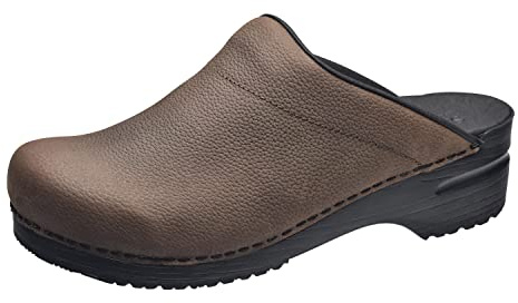 Sanita | Karl offener Clog, geöltes Leder | Original handgemacht | Flexible Leder-Clogs für Männer | Braun | EU 44