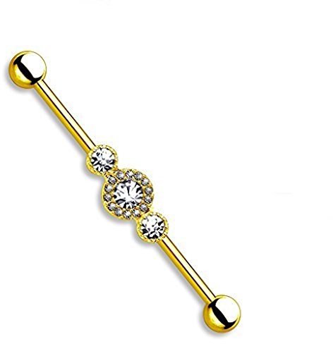 Tapsi´s Coolbodyart® Industrial Piercing Barbell Chirurgenstahl Damen & Herren [3 Zirkonia] 38mm | Industrial Barbell | Barbell Piercing Ohr | Ohrpiercing Stab CBABI15_GDC