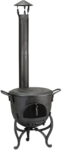 Globe Fire Guss-Terrassenofen Volcano - Gartenofen mit Herdplatte - Robustes und langlebiges Gusseisen Schwarz