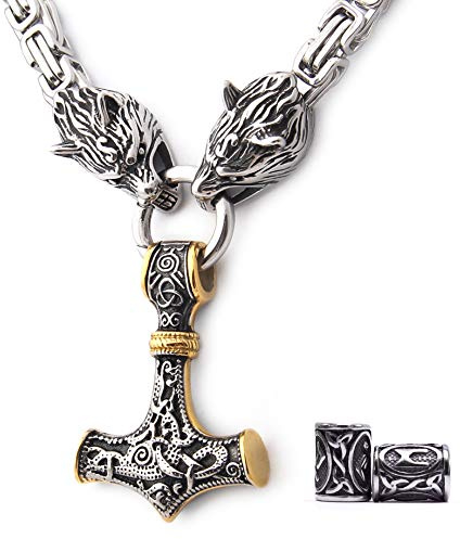Gungneer Viking Mjolnir Thor Hammer Necklace With Square Wolf Byzantine King Chain Mixed Gold Stainless Steel Norse Viking Jewelry Men, Viking Beard Beads Gift