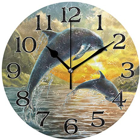 linomo Wanduhr mit Meerestier-Delfin-Motiv, geräuschlos, nicht tickend, runde Uhr, leise für Küche, Wohnzimmer, Schlafzimmer, Badezimmer, Büro