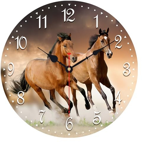 VIKMARI 34cm Wanduhr Pferd, Lautlose Holzuhr ohne Ticken für Wohnzimmer | Stilles Sweep-Uhrwerk für Schlafzimmer und Büro. Klare große Ziffern auf MDF-Holz mit schönem Pferdemotiv, leicht lesbar.