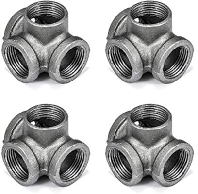 1 4-Way Side Outlet Tee, Home TZH 4-Pack 4-Way Corner Cast Black Malleable Iron Pipe Fitting for Industrial Pipe, Furniture and DIY Decoration (4, 1)