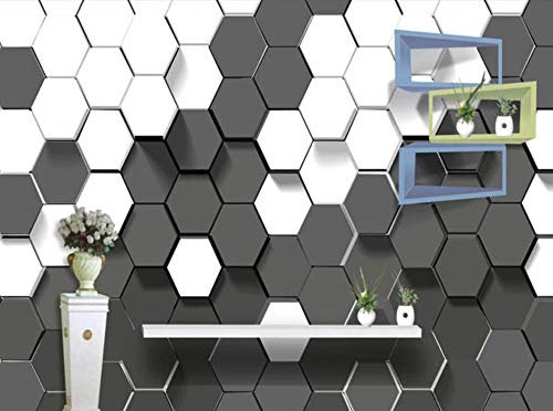 ZXCHEE Papier Peint Panoramique Rack Hexagonal Géométrique Noir Et Blanc 200x140cm Papier Peint Intissé 3D Tapisserie Poster Decoration Murale Chambre Salon