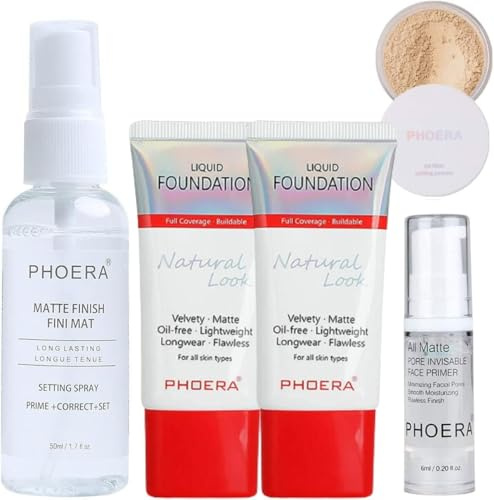 Phoera Foundation Full Coverage Makeup Set - Includes Nude & Buff Beige 30ml Matte Foundation Tubes, 6ml Face Primer, Cool Beige Setting Powder & 50ml Setting Spray for Shine-Free Matte Finish