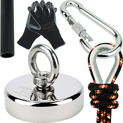 SENSEI Set 200 kg, N52 Neodym-Magnet mit Öse, Ø7 x H1,8 cm, Segelseil 25 m, Schutzhandschuhe + Zubehör, Set mit Ösenmagnet zum Magnetfischen im Wasser